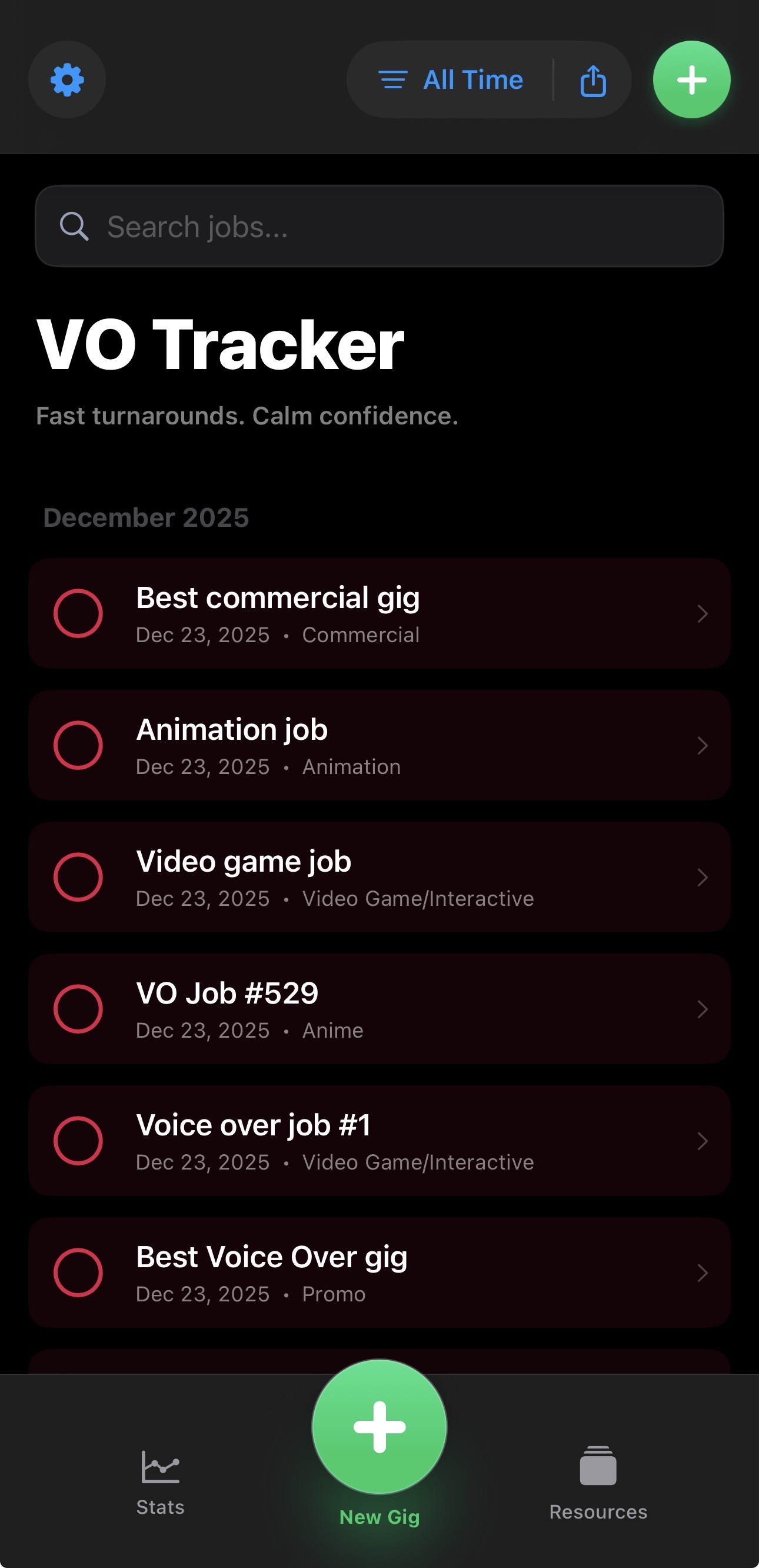 Voice actor session history and gig timeline in VO Tracker app